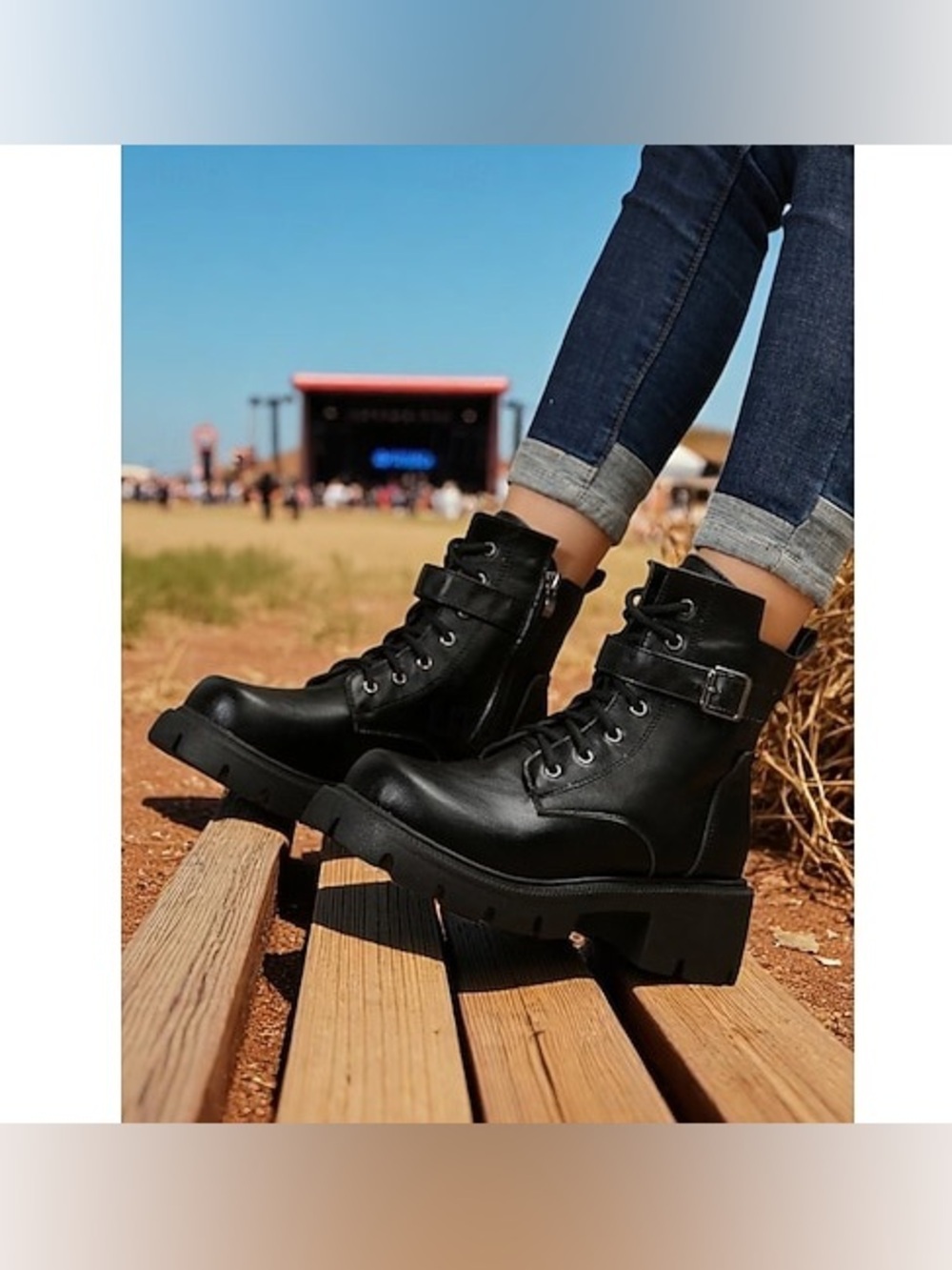 Yoki womens double buckle combat boots
